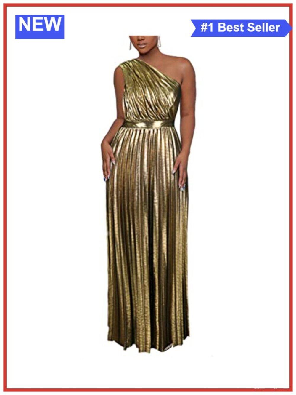 Women's Metallic One Shoulder Pleated Maxi Dress Sleeveless Formal